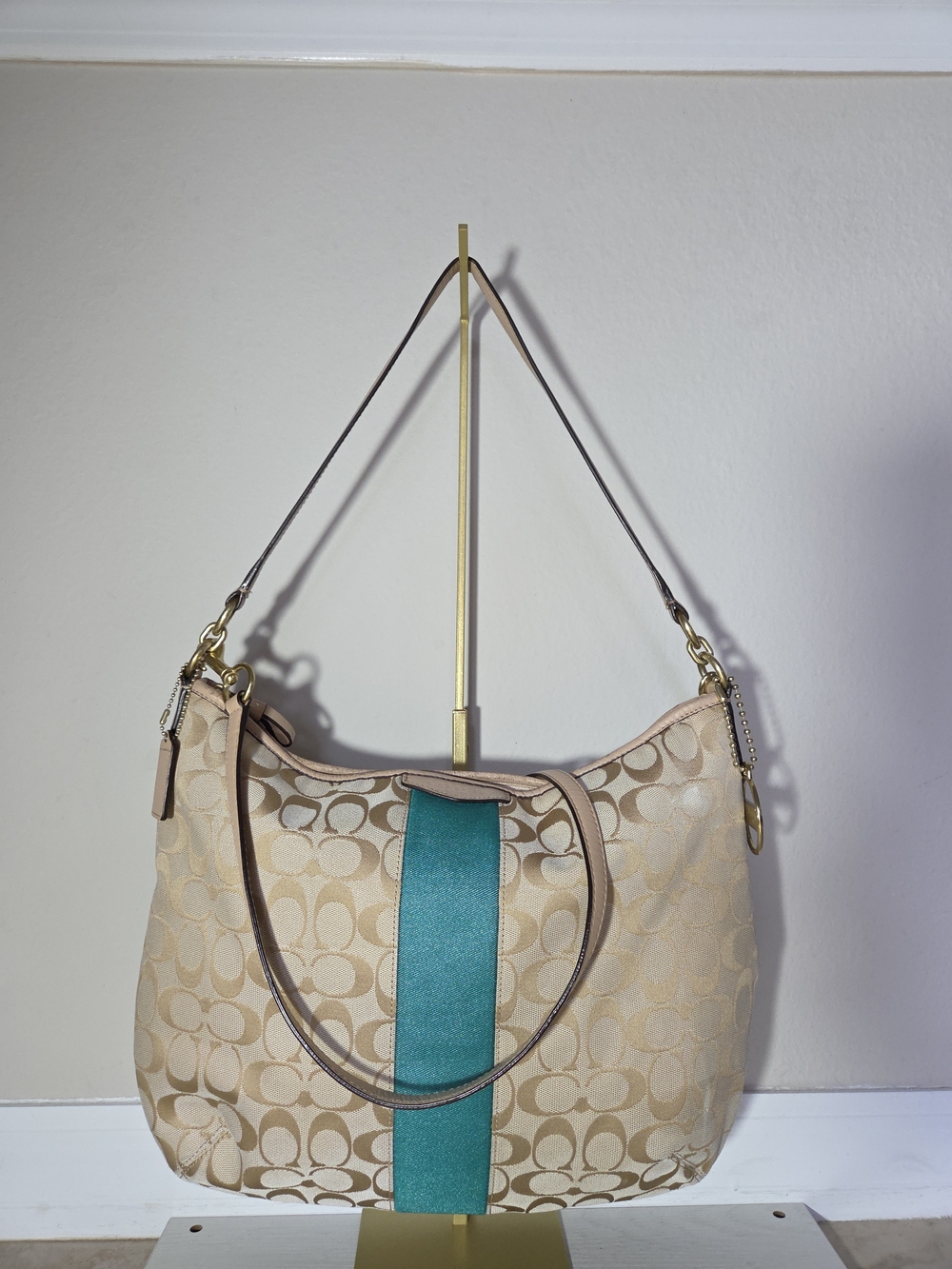 Coach Signature Canvas Hobo Bag in Beige with Teal Stripe